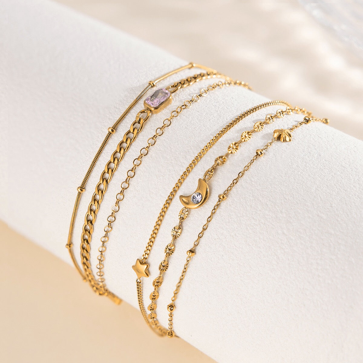 18K Gold Petite Joys Moon and Star Pink Jewel Dainty Three Chain Bracelet