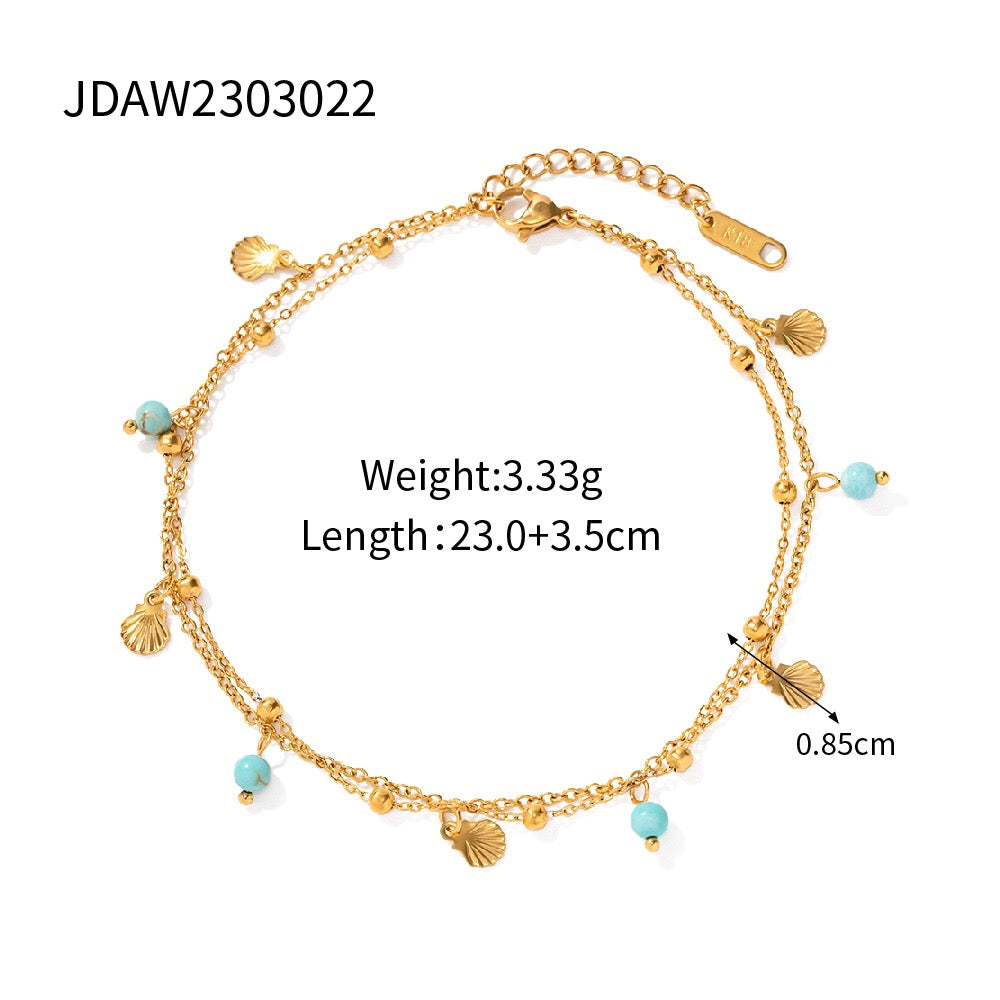 18K Gold Seabreeze Shell Double Chain Dainty Anklet