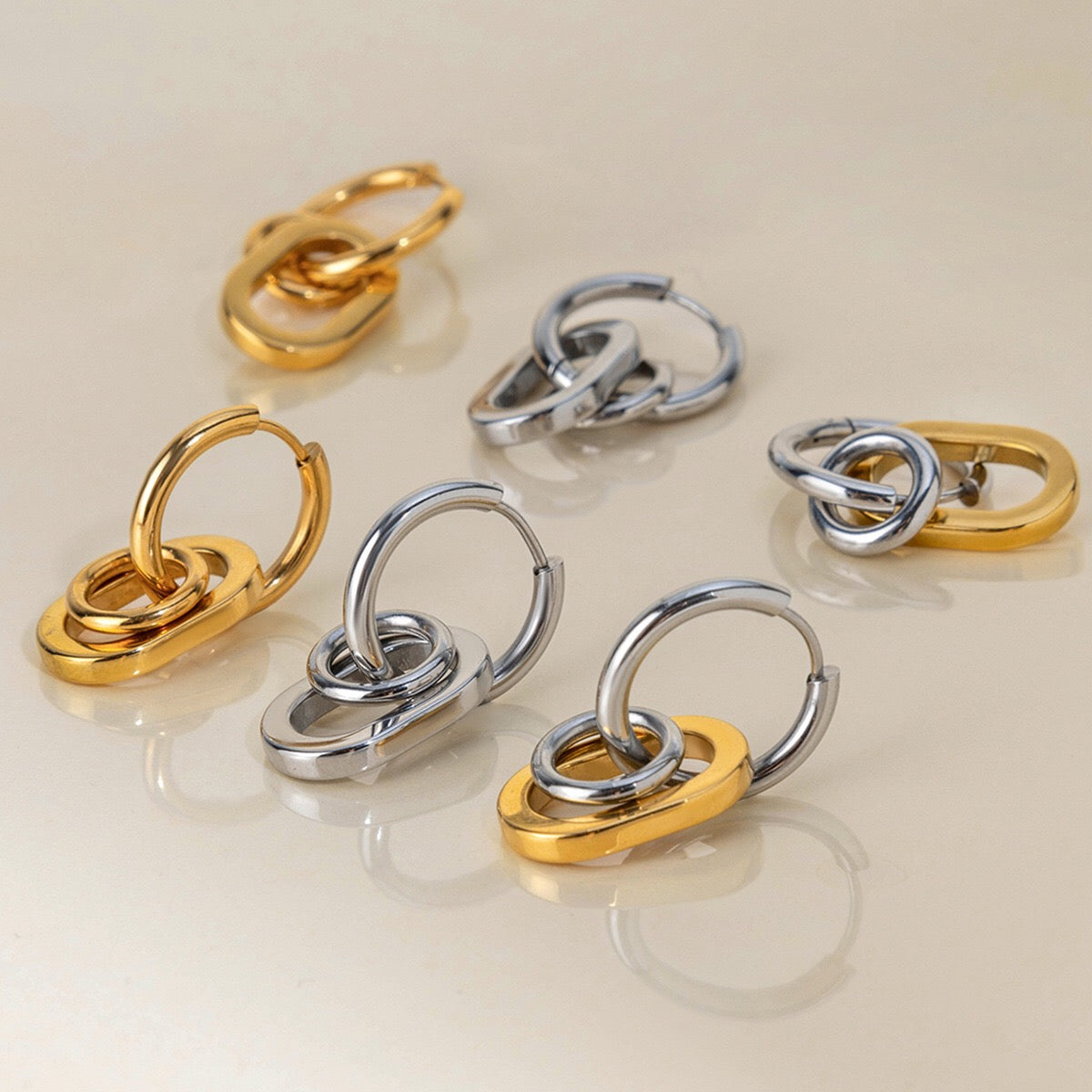 18K Gold and Silver Two Tone Trinity Small Hoop Dangle Huggie Earrings