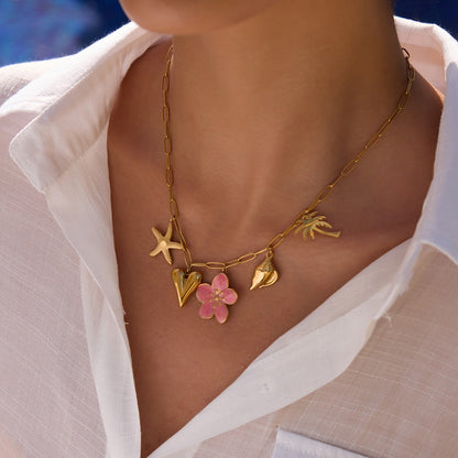 18K Gold Island Sunset Pink Flower Heart Palm Tree Summer Charm Necklace