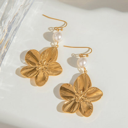 18K Gold Tropical Flower Pearl Dangle Earrings