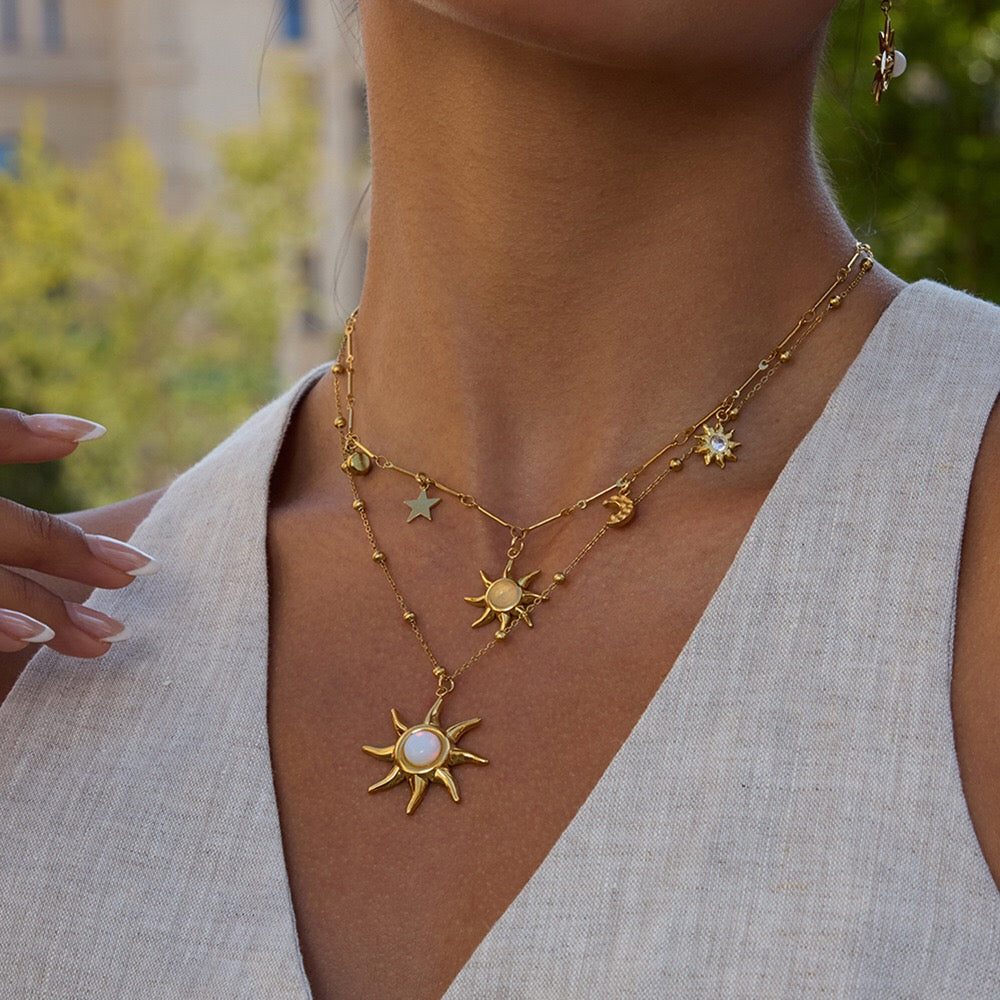 18K Gold Opal Forever Sun Pendant Statement Charm Necklace