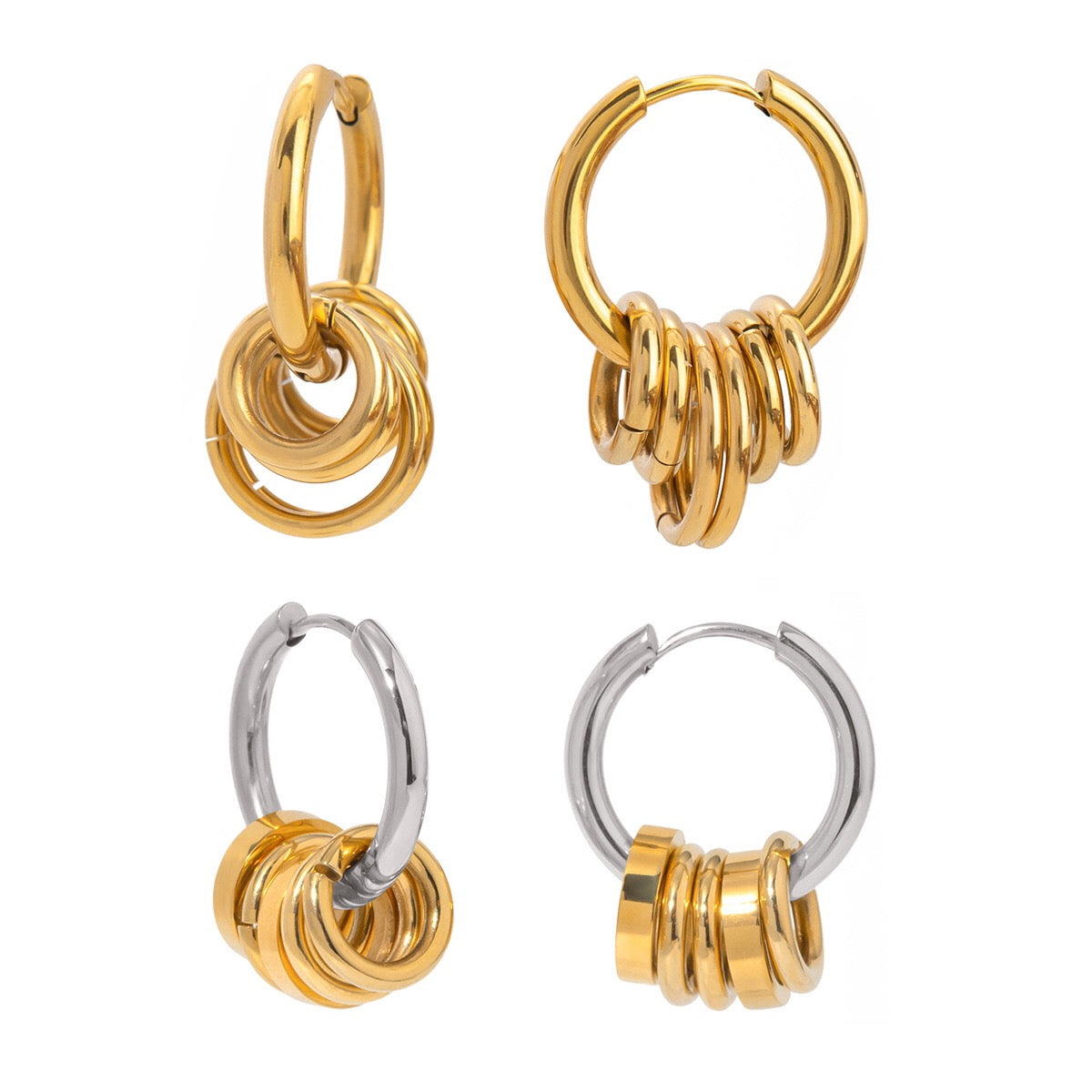 18K Gold and Silver Two Tone Sweet Motion Dangle Hoop Earrings
