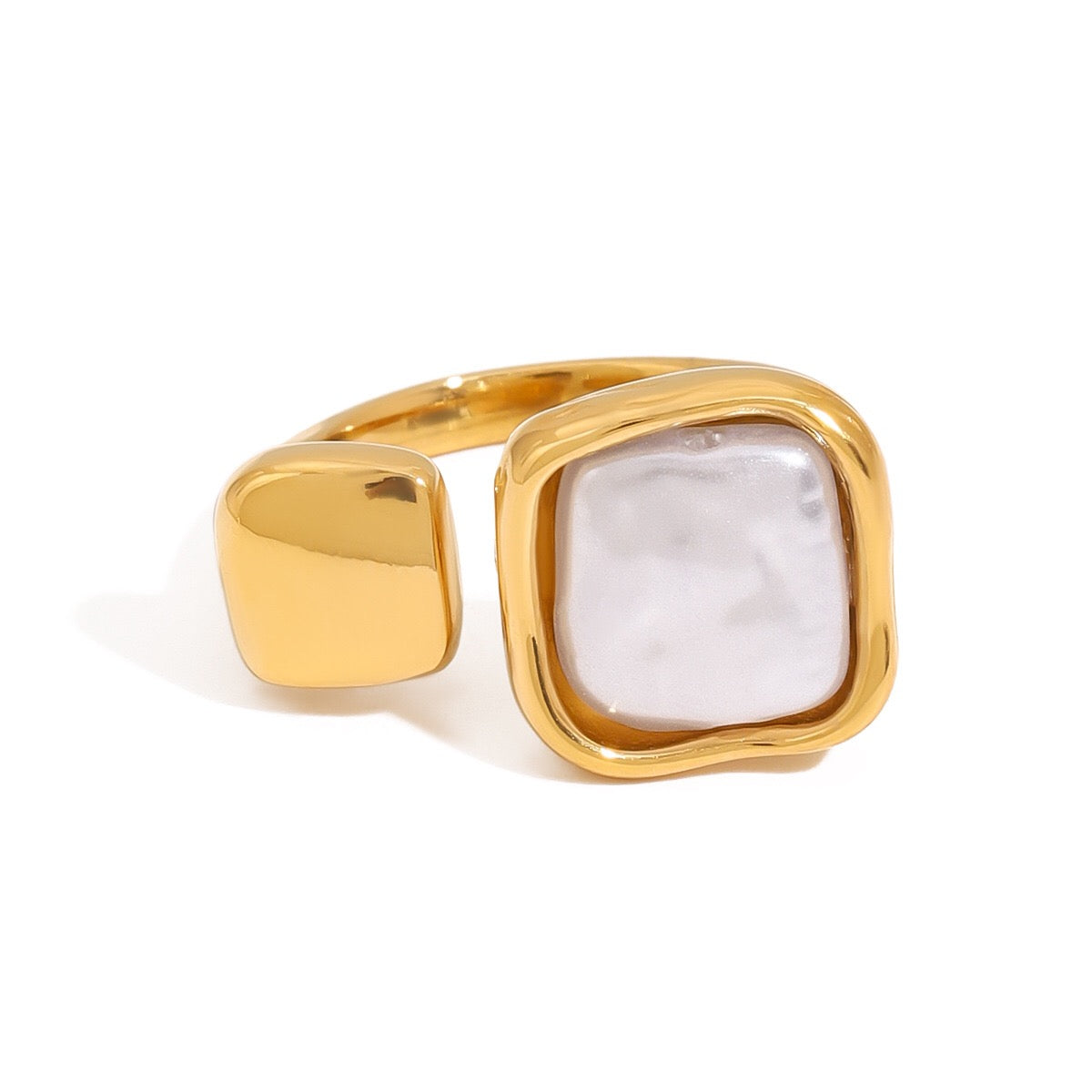 18K Gold Classy Square Pearl Cuff Ring