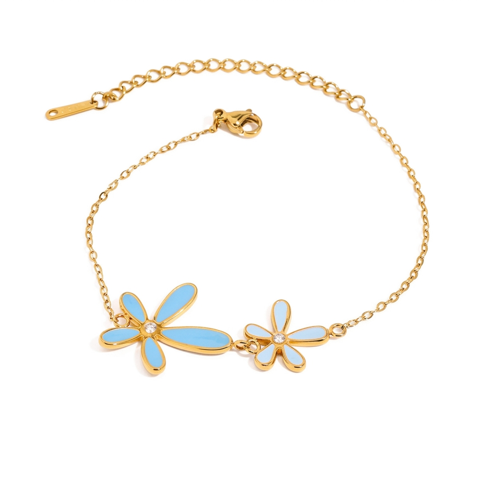 18K Gold Blue Flower Dainty Pendant Necklace & Bracelet Set