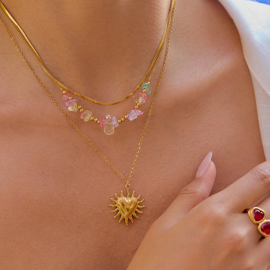 18K Gold Heart Pendant Gemstone Beaded Herringbone Snake Chain Layered Necklace Set