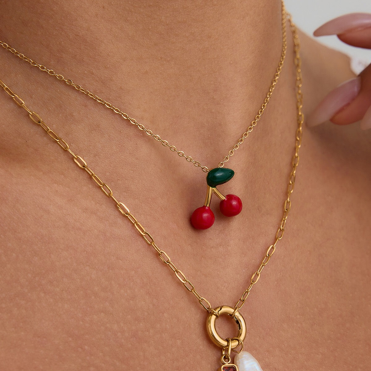 18K Gold Dainty Cherry Pendant Cute Choker Necklace