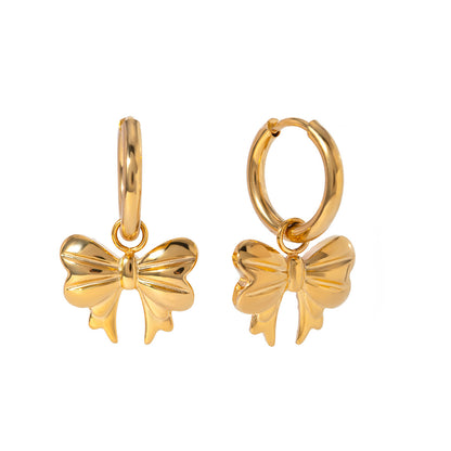 18K Gold Bow Small Hoop Huggie Earrings with Charm