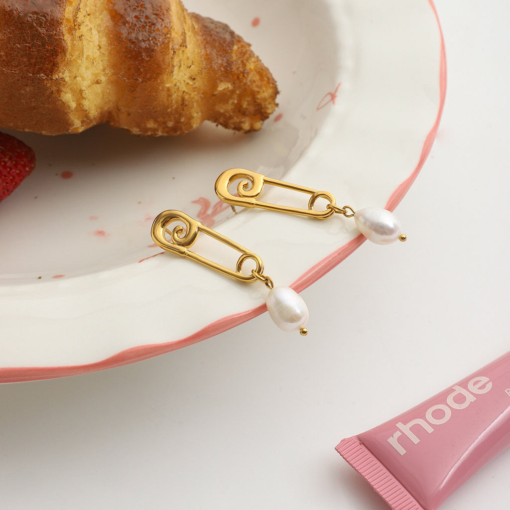 18K Gold Safety Pin Pearl Statement Dangle Stud Earrings