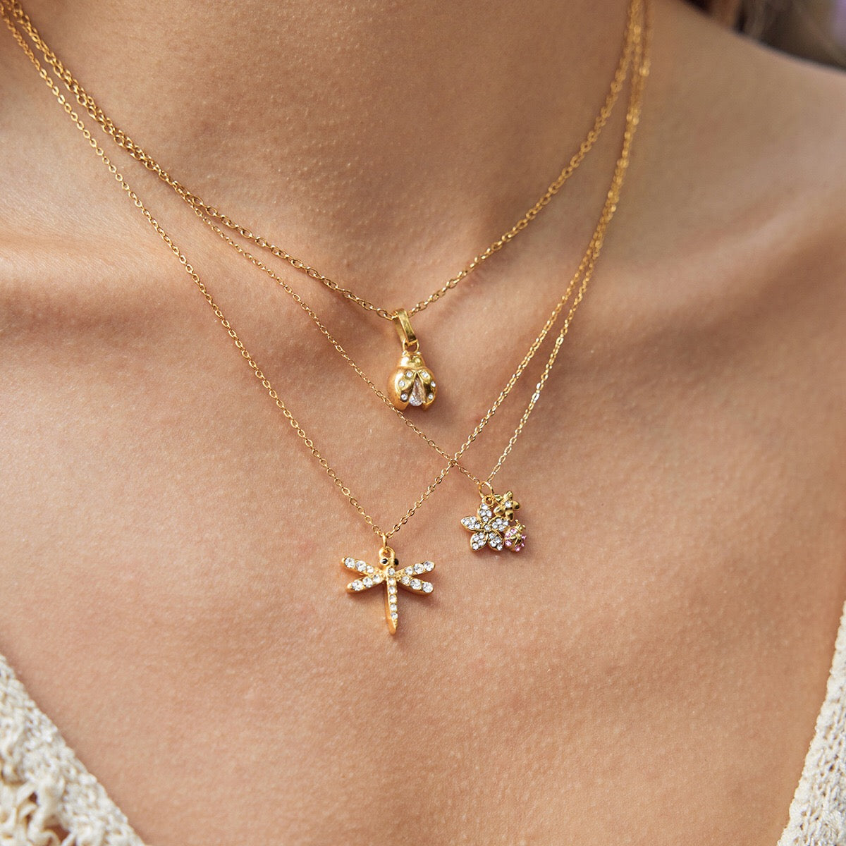 18K Gold Enchanted Garden Pave Dragonfly Ladybug Flower Dainty Pendant Necklace
