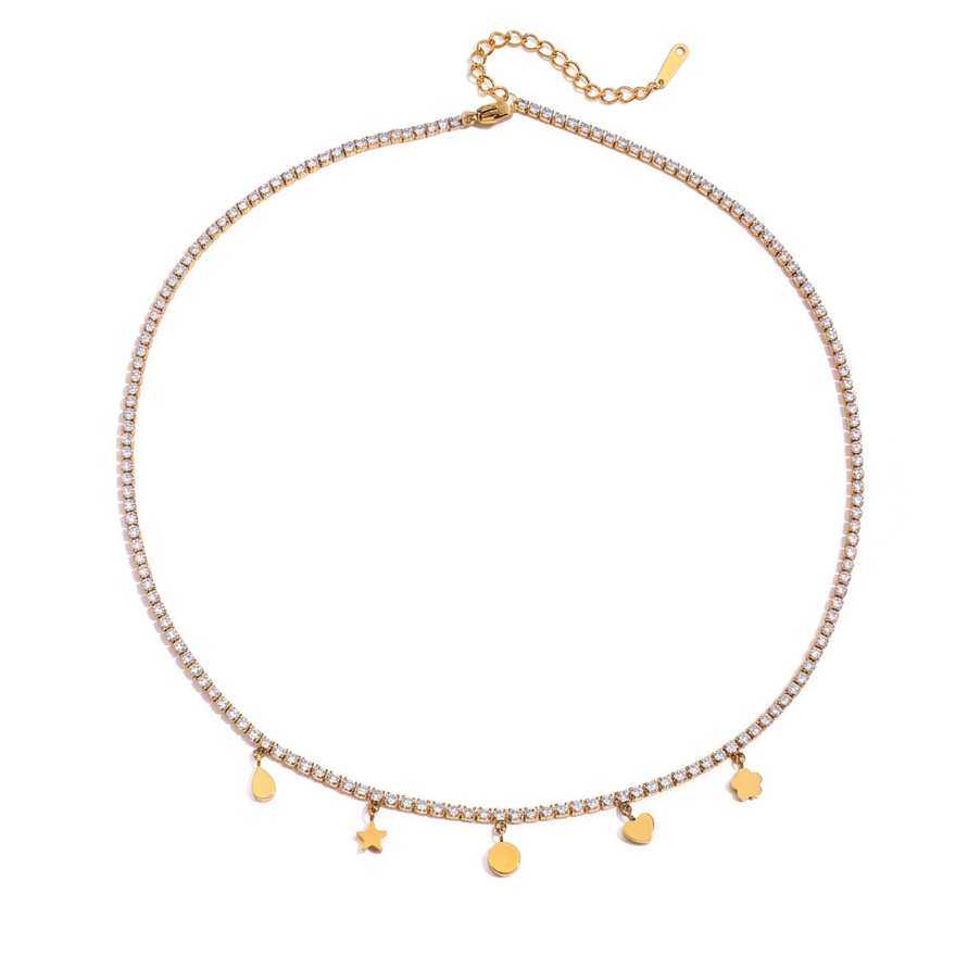 18K Gold Guiding Star Y Shape Heart Tennis Paperclip Chain Layered Necklace Set