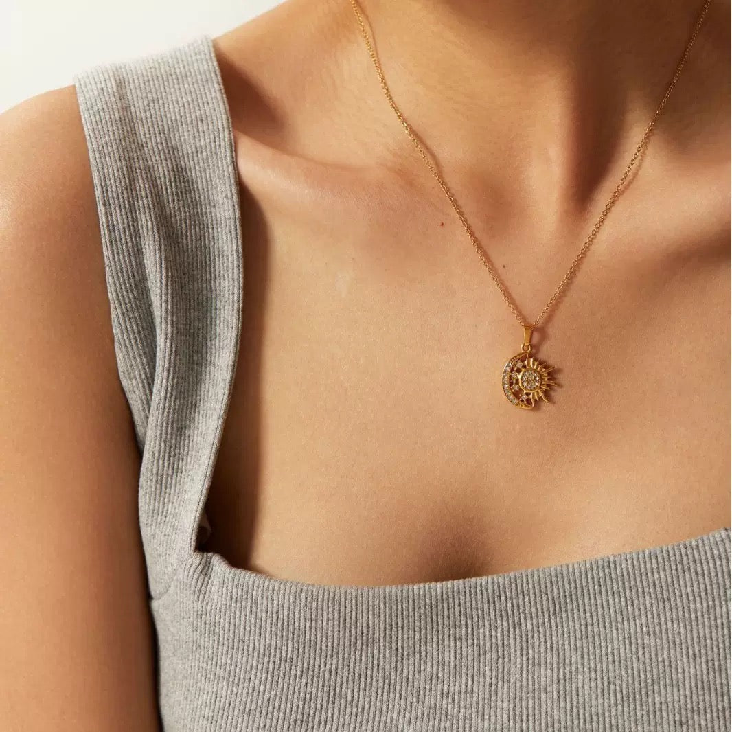 18K Gold Celestial Moon and Sun Pendant Necklace