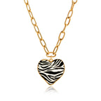 18K Gold Zebra Print Heart Pedant Paper Clip Chain Beaded Pearl Layered Necklace Set
