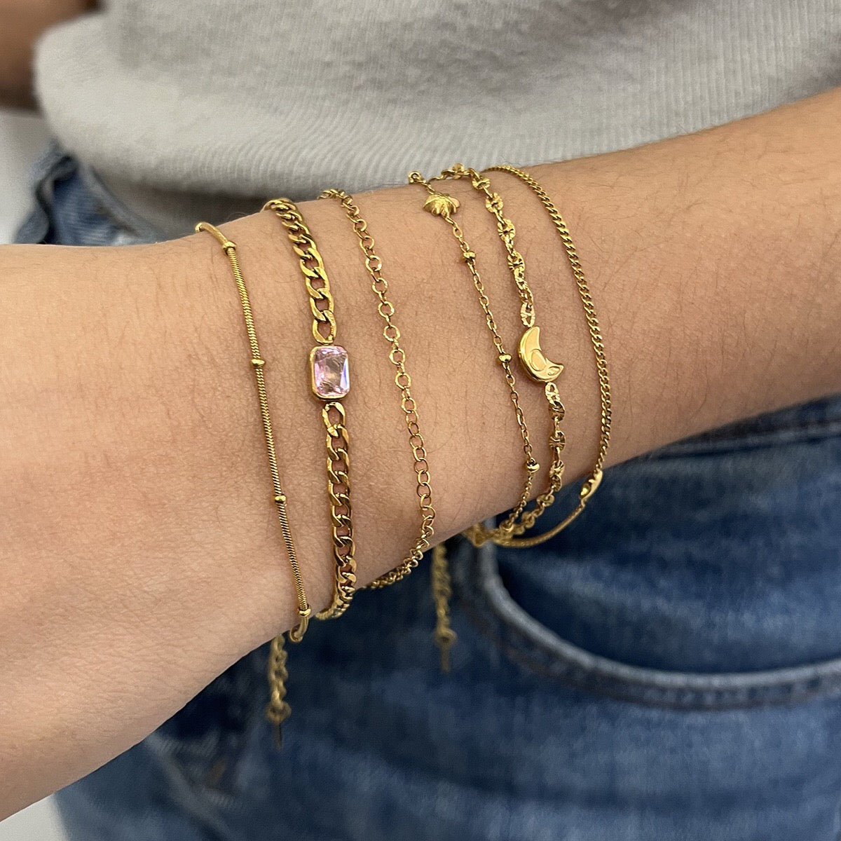 18K Gold Petite Joys Moon and Star Pink Jewel Dainty Three Chain Bracelet