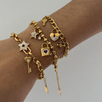 18K Gold Secret Lover Heart Lock and Key Charm Chunky Chain Bracelet