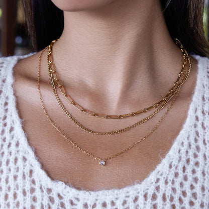 18K Gold Day Dream Dainty Pendant Paperclip Chain Layered Necklace Set