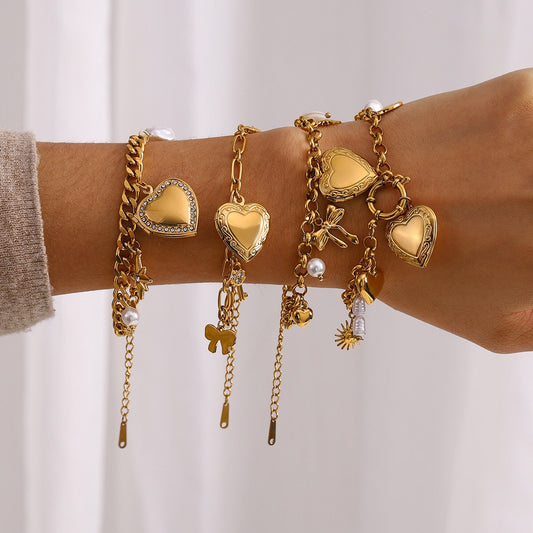 18K Gold Heart Locket Chunky Charm Bracelet