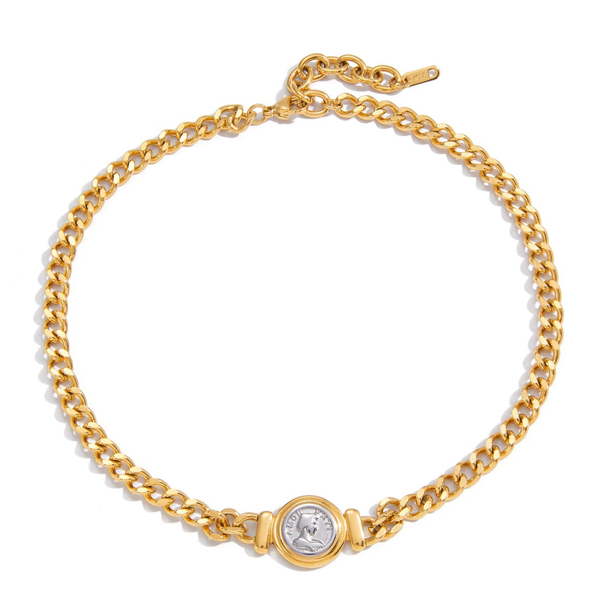 18K Gold and Silver Two Tone Coin Curb Chain Statement Choker Necklace