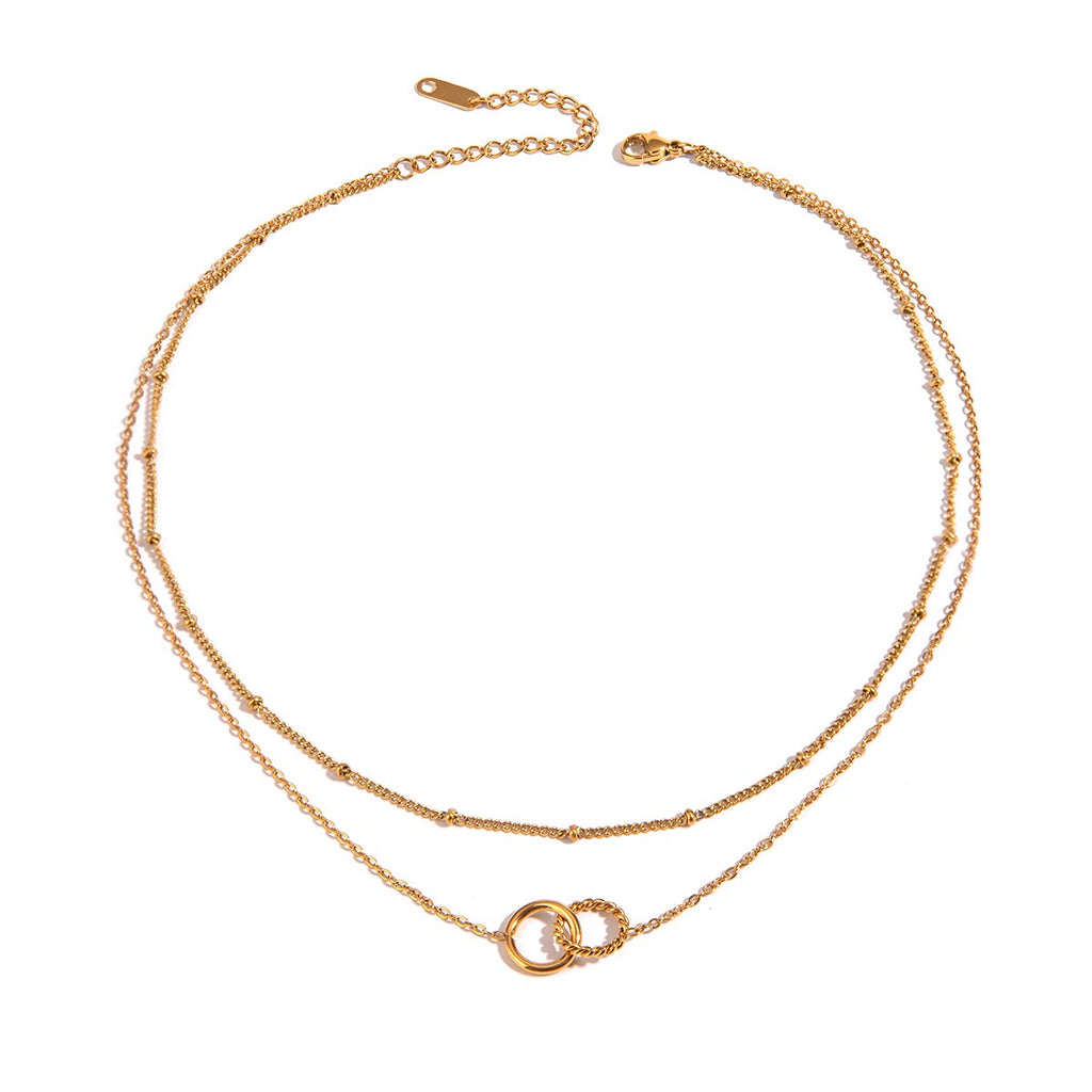 18K Gold Lingering Dainty Pendant Double Chain Layered Necklace