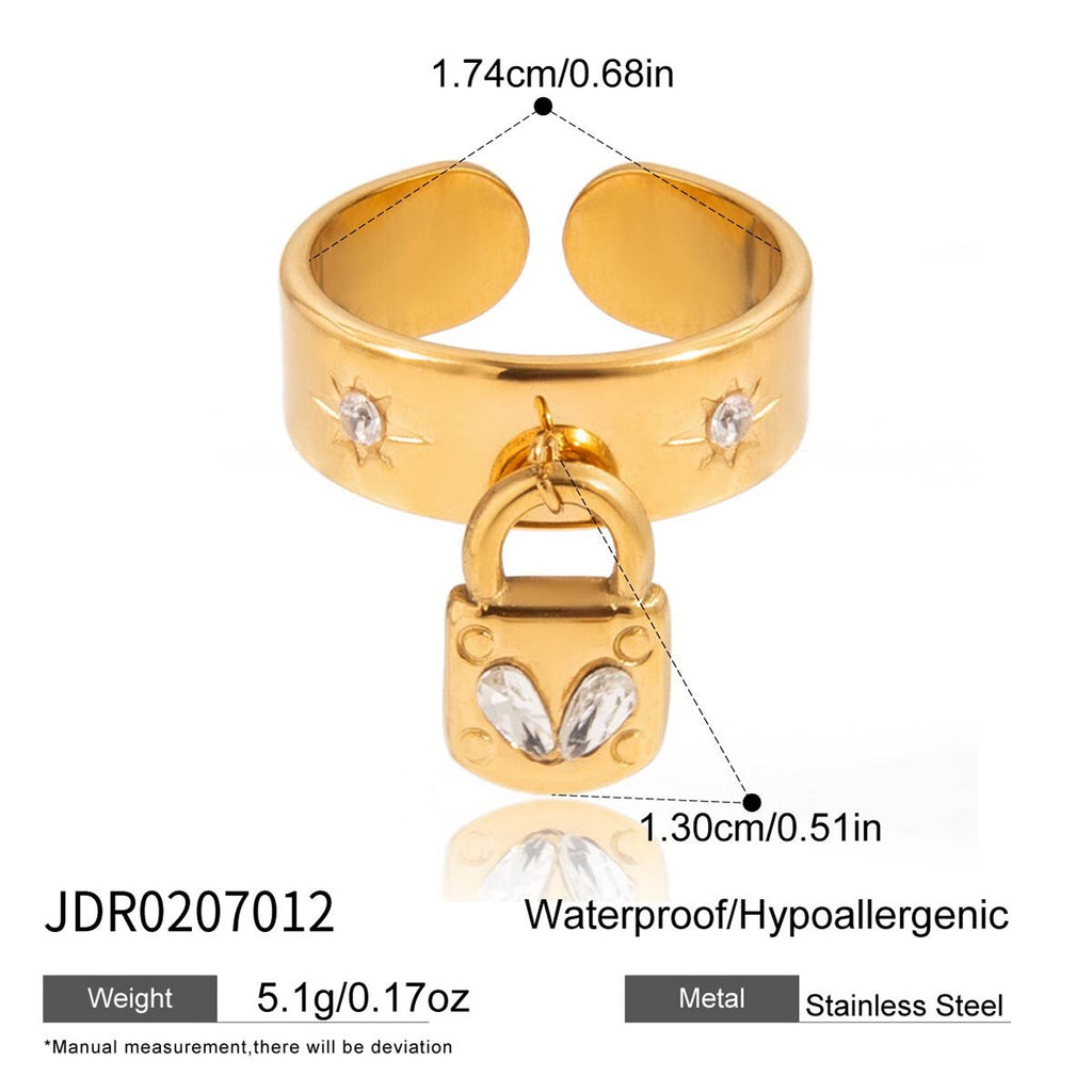 18K Gold Heart Locked Charm Statement Band Ring
