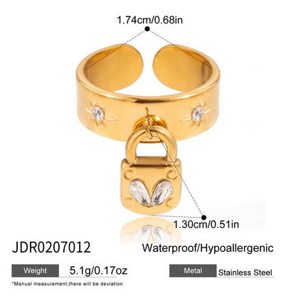 18K Gold Heart Locked Charm Statement Band Ring
