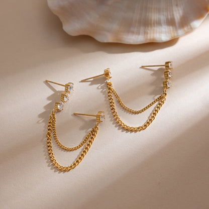 18K Gold Cascade Chain Drop Dangle CZ Stud Earrings Double Piercings