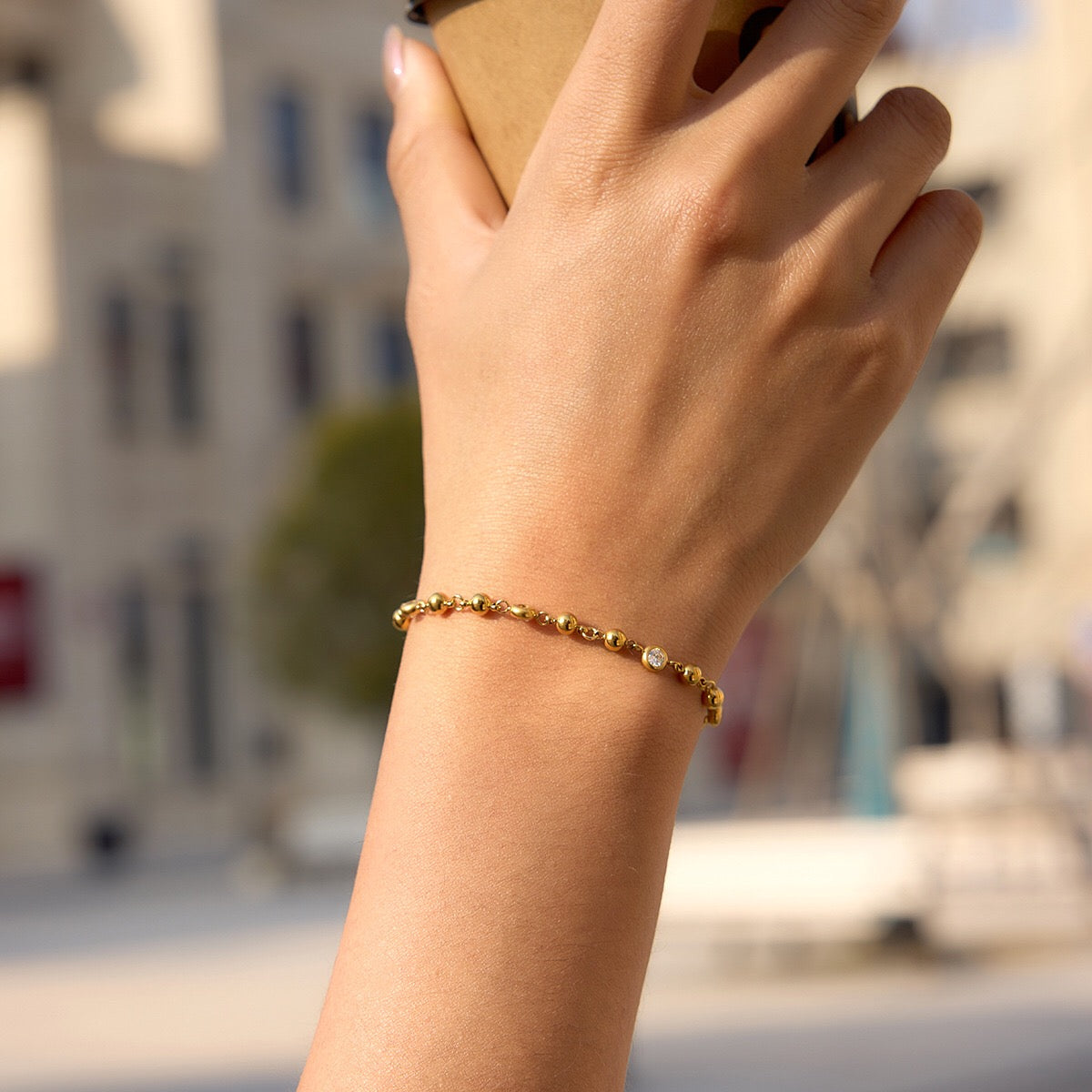 18K Gold Starry Light Dainty Bezel Beaded Chain Bracelet
