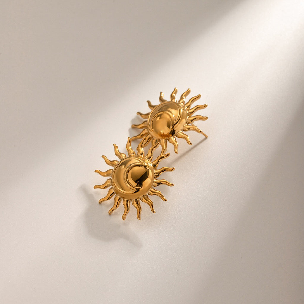 18K Gold Moon and Sun Statement Stud Earrings