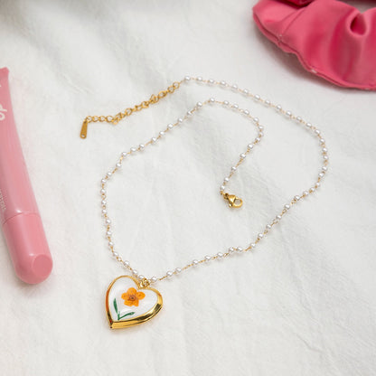 18K Gold Flower Heart Locket Pendant Pearl Chain Necklace