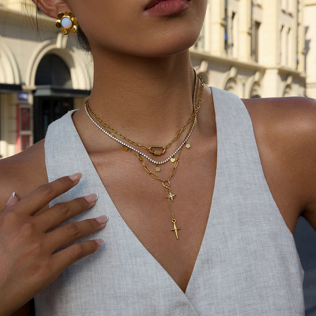 18K Gold Starry Y Shape Pendant Heart Tennis Chain Paperclip Layered Necklace Set