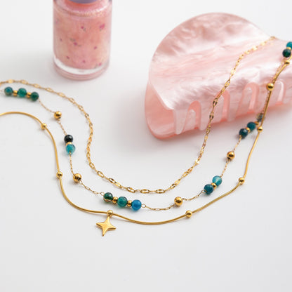 18K Gold Dainty Star Pendant Ocean Blue Beaded Layered Necklace Set