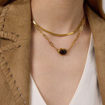 18K Gold Tiger Eye Paperclip Chain Herringbone Choker Layered Necklace Set