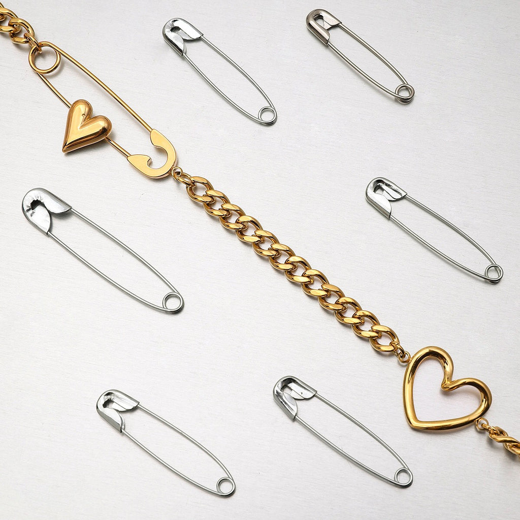 18K Gold Heart Safety Pin Pearl Cuban Curb Chain Necklace