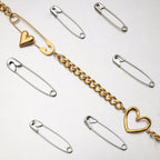 18K Gold Heart Safety Pin Pearl Cuban Curb Chain Necklace