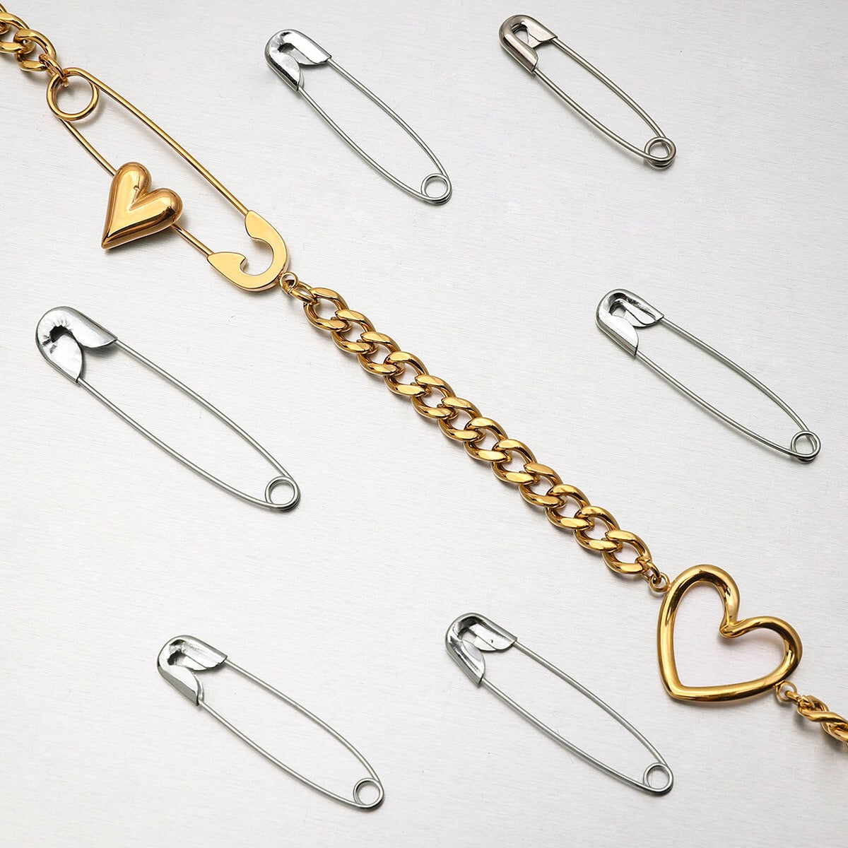 18K Gold Heart Safety Pin Pearl Cuban Curb Chain Necklace