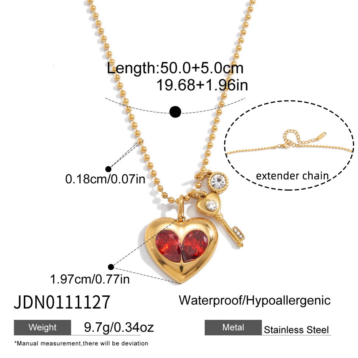 18K Gold Amour Red Heart Pendant Key Cross Charm Necklace