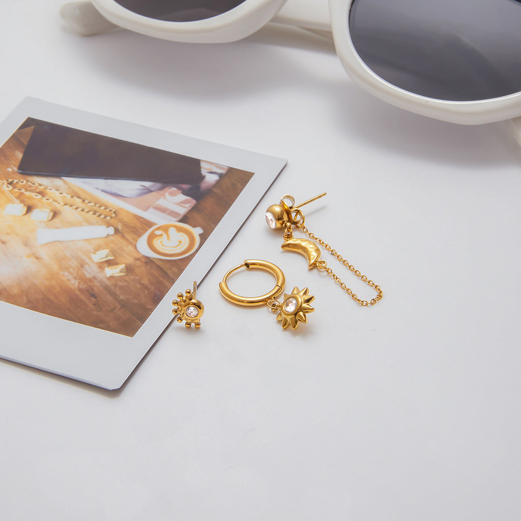 18K Gold Stars and Moon Celestial Huggie Chain Earrings Cartilage Stud Set