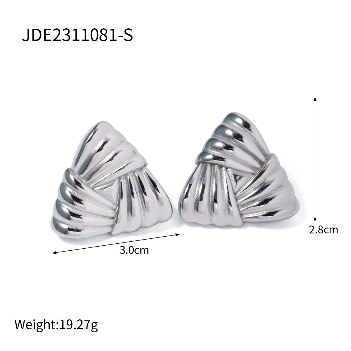 18K Gold Ribbed Triangle Statement Stud Earrings