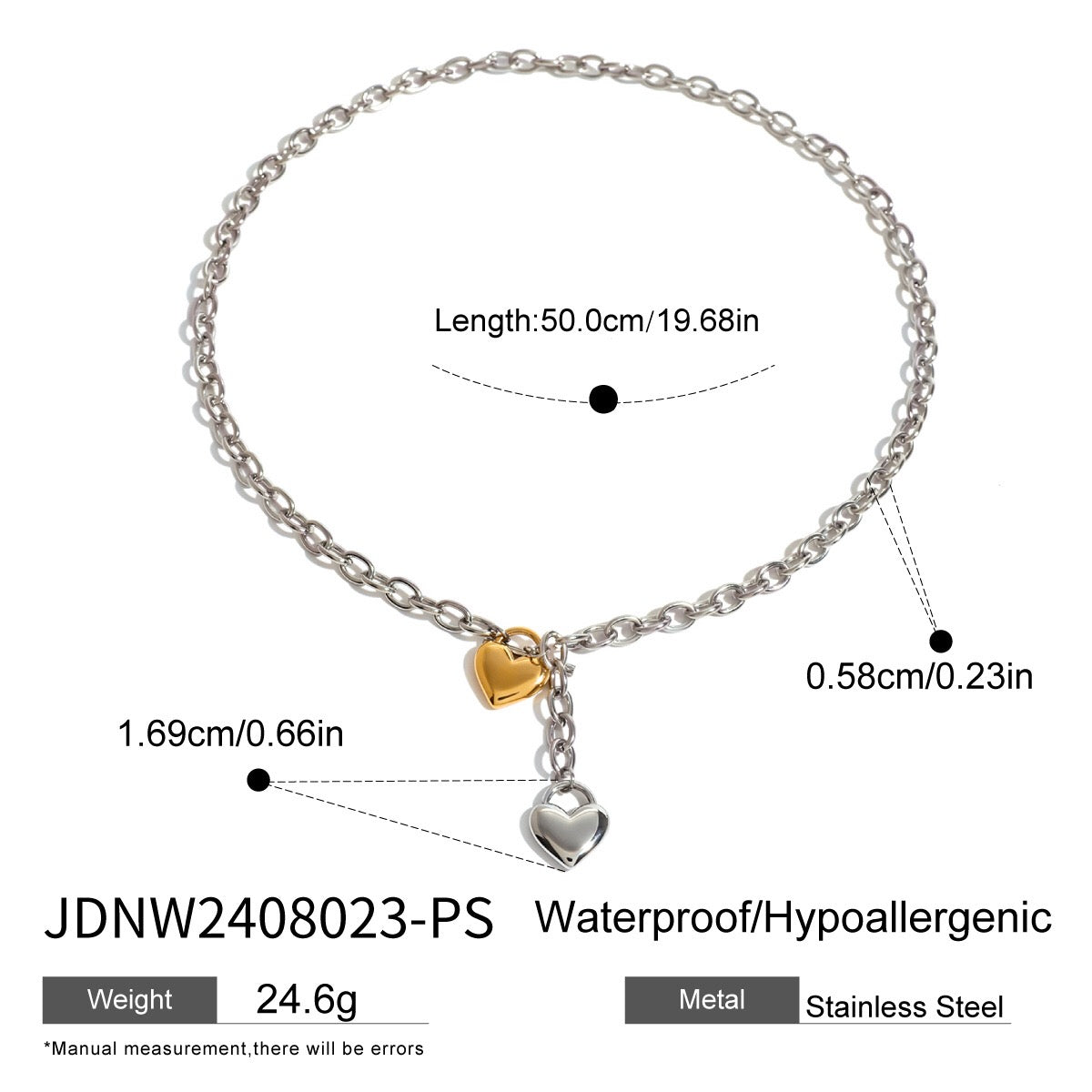 18K Gold and Silver Two Tone Love Locked Heart Cable Chain Toggle Necklace