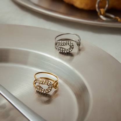 18K Gold Bejeweled Safety Pin Cuff Stacking Ring