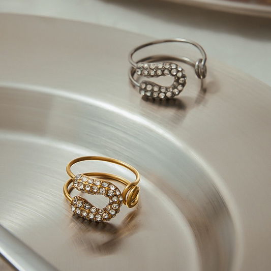 18K Gold Bejeweled Safety Pin Cuff Stacking Ring