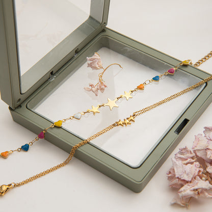 18K Gold Stars Align Dainty Chain Colorful Hearts Bracelet Stack
