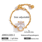 18K Gold Spark Drop Heart Clover Flower Adjustable Chain Ring