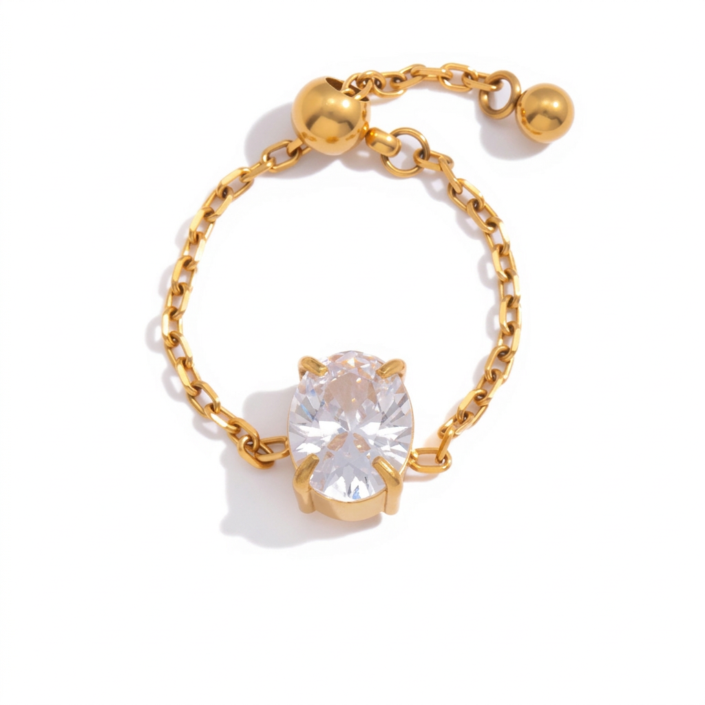 18K Gold Spark Drop Heart Clover Flower Adjustable Chain Ring