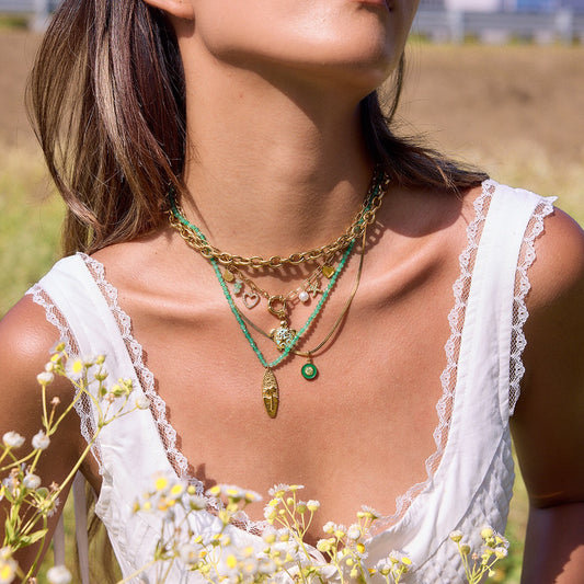 18K Gold Fresh Breeze Green Beaded Pendant Charm Layered Necklace Set