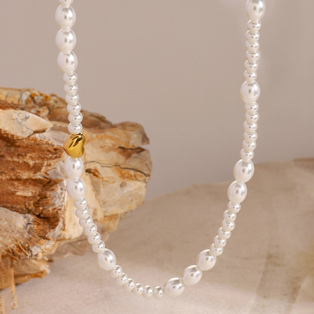 18K Gold Heart Pearl Chain Beaded Collar Necklace