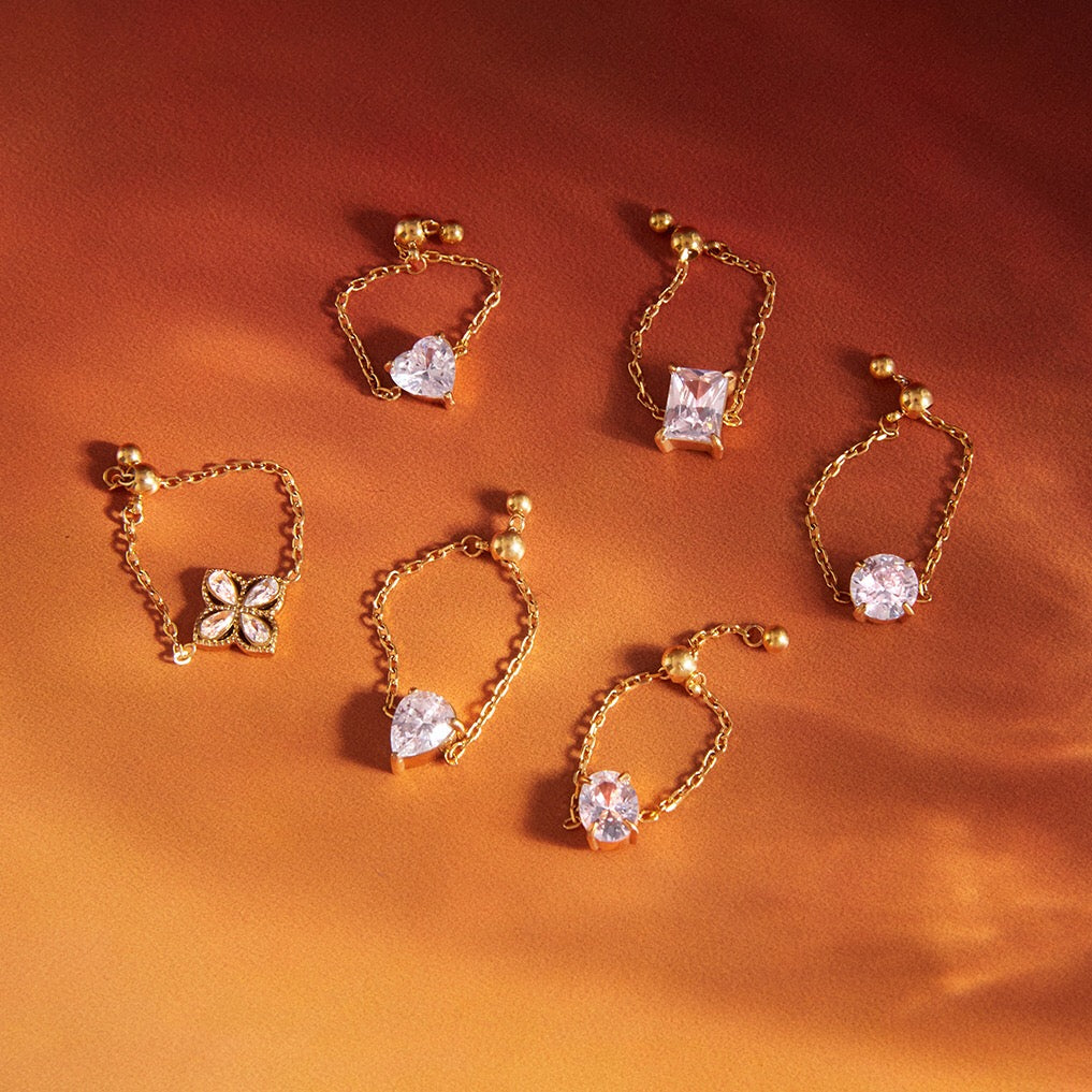 18K Gold Spark Drop Heart Clover Flower Adjustable Chain Ring