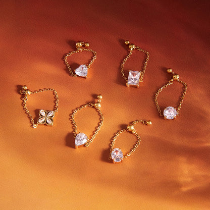 18K Gold Spark Drop Heart Clover Flower Adjustable Chain Ring