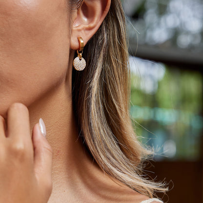 18K Gold Swinging sparkle Pave Disc Small Hoop Dangle Huggie Earrings