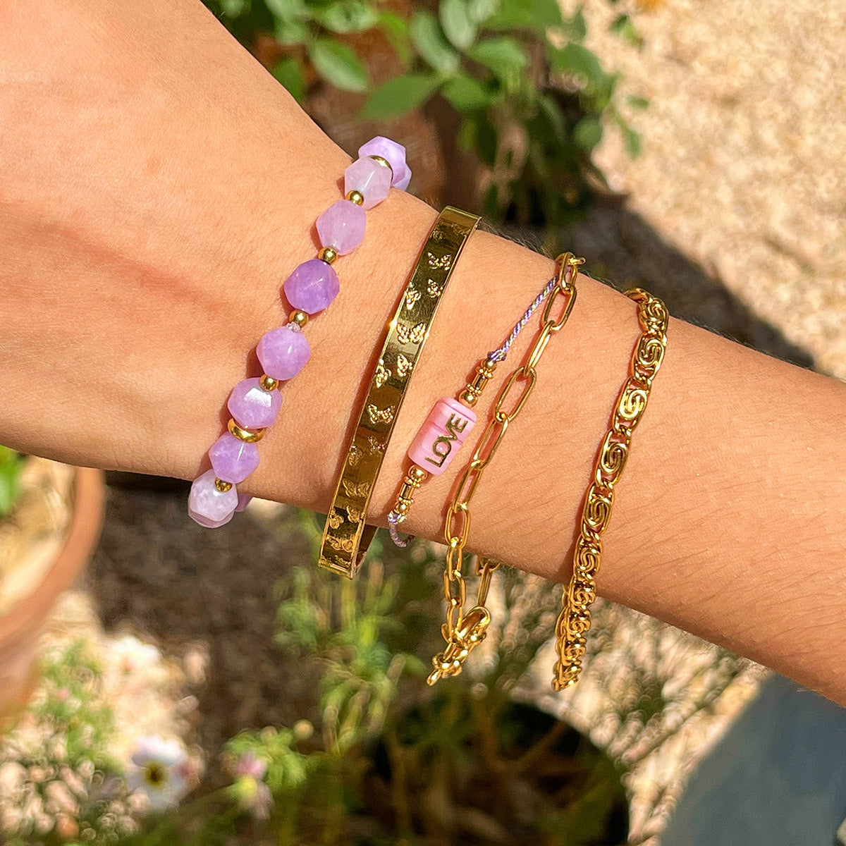 18K Gold Purple Dream Beaded Chain Butterfly Bangle Bracelet Stack